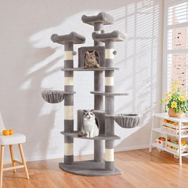 SHA CERLIN 73" Space-Saving Cat Tree/Multi-Level Tall Cat Tower with Perches/Scratching Posts/Condo & Hanging Baskets/Modern Fan-Shaped Design for Indoor Kitties/Pet Activity House/Grey