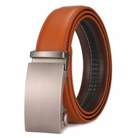 Glamicci Men's Leather Ratchet Belt-Adjustable Auto Buckle | for Casual, Jeans, Business,Suits, Work-width 3.5cm 1 3/8 inch (EarthyYellow StrapType-02| Buckle-105, M:Up to 38” Waist Adjustable(115cm))