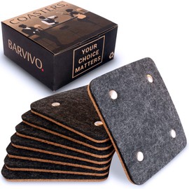 BARVIVO Coasters for Drinks Absorbent Set of 8 with Rivet - Perfect Black Drink Coasters for Wooden Table Protection with a Scratch Preventing Cork Side and an Instant Condensation Absorbing Felt Side