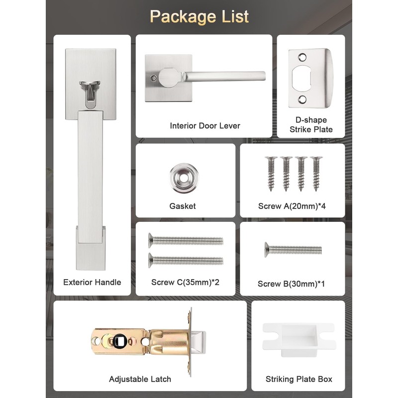 Tinewa Square Satin Nickel Door Handleset with Lever, Upgrated Entry