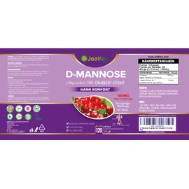 JeaKen D-Mannose Capsules with Cranberry Extract, Natural Antibiotic, 120 High Dose Capsules for Cystitis, Pure D-Mannose Powder