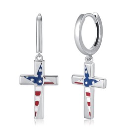 American Flag Earrings,925 Sterling Silver Patriotic Earrings July 4th Cross Flag Dangle Earrings Independance Day Jewelry Gift for Women Men