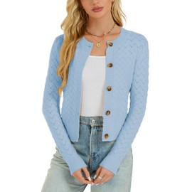 Enjyam Women's Cardigan Elegant Long Sleeve Crew Neck Cardigan Lightweight Bolero Jacket with Buttons Soft Jacket Over Top Dress, lightblue, XXL