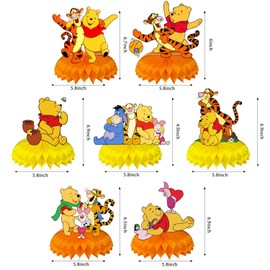 Winnie Birthday Party Supplies, 7Pcs Honeycomb Centerpieces for Winnie Party Decorations, Double Sided Table Decorations Centerpieces Party
