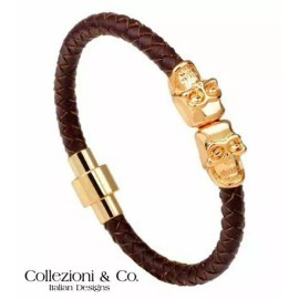 Collezioni&Co. Mens Brown Gold Italian Leather Braid Braided Rope 8.5" Magnetic Skull Bracelet