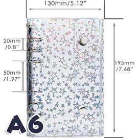 Clear Seal Binder for Girls, Clear Binder, Removable, A6, A7 Size, 20 Refills Included, 1 3D Sticker, Star Pattern Type, Double Snap Closure, Silver Metal Fittings, Refillable, Pushing Goods (A6)