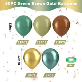 Green Brown Gold Balloons, 50pcs Green and Brown Balloons, Sage Green Metallic Green Gold Brown Balloons for Birthday Baby Shower Safari Jungle Woodland Theme Party Wedding Bachelorette Decorations