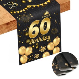 60th Birthday Table Runner, Black Gold Party Birthday Table RunnerTablecloth Decoration 60 Years Old People Birthday, Celebration, Party (70.9 x 13.4 in)