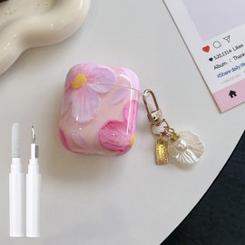 Fycyko Compatible for AirPods 2 &1 Case Soft TPU with Cleaner Kit Cute Colorful Retro Oil Painting Printed Flower Design Shockproof Pearl Keychain Cover for Girls Woman- Pink