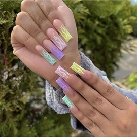 Press on Nails Long Coffin Shaped Glossy Full Cover Acrylic Square Long False Nails with Designs Artificial Extra Long Coffin Fake Nails with Charm Glue Stick on Fingernails for Women Girls(SGCY93)