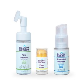 Bloom Groom Essential Dog Care Bundle – No-Rinse Paw Cleanser, Non-Greasy Balm & Deodorizing Grooming Powder – Hydrating, Soothing, Skin-Safe Grooming Kit – 3 Piece Set (5oz, 1.01oz, 1.52oz)