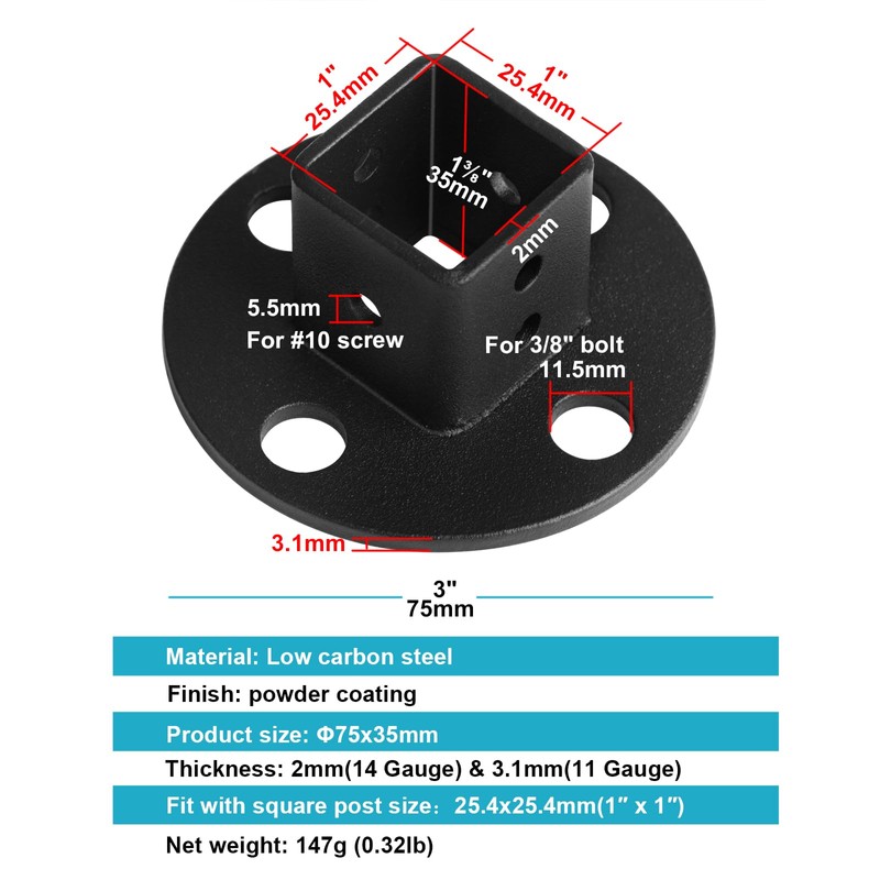 OTTFF 8 Pack Black Square Post Flange Base Anchor Fits