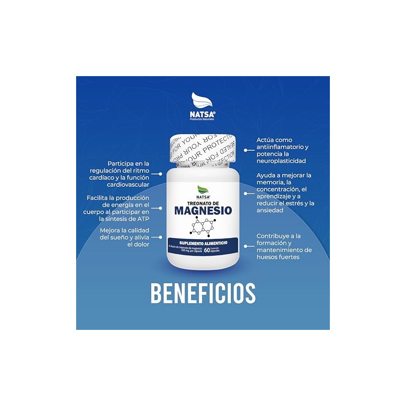 NATSA Treonato de Magnesio 60 Cápsulas 500 mg de Treonato