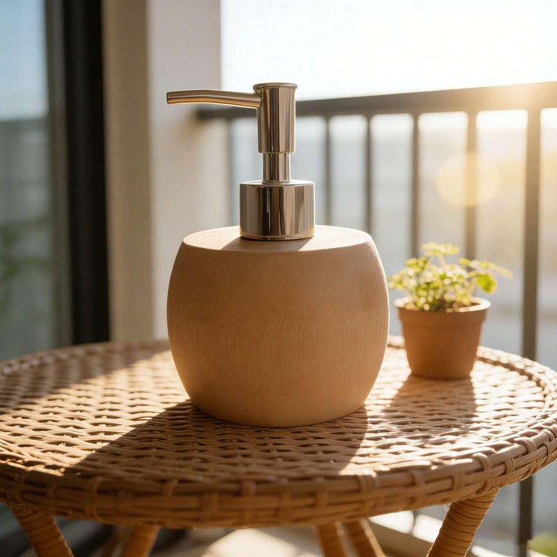 Bamboo Soap Dispenser, Round Bamboo Hand Pump Dispenser for Bathroom
