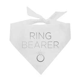 Ring Bearer Metallic Printed Dog Bandana | 100% Cotton Adjustable Triangle | Wedding Photo Prop | Bridal Shower | Engagement Announcement |White, Silver Foil (1319)