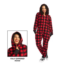 Tipsy Elves Christmas Onesies for Adults - Comfy Unisex Matching Holiday Jumpsuits with Convenient Pockets - Red Buffalo Plaid Christmas Jumpsuit Size X-Small