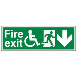 V Safety Wheel Chair Fire Exit with Text Arrow Down 300 x 100 mm - 2mm Rigid Plastic Safety Sign
