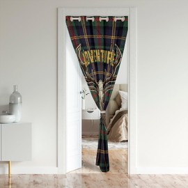 Hunting Deer Antler Door Curtain 1 Panel,42"W X 80"L,Jungle Adventure Outdoor Wild Animals Privacy Door Drape for Living Room,Retro Green Geometric Check Rustic Style Doorway Curtain for Privacy