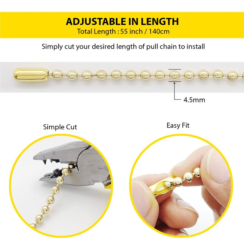 Gold Shower Curtain Hooks, 55 Inch Ball Chain Design, 12