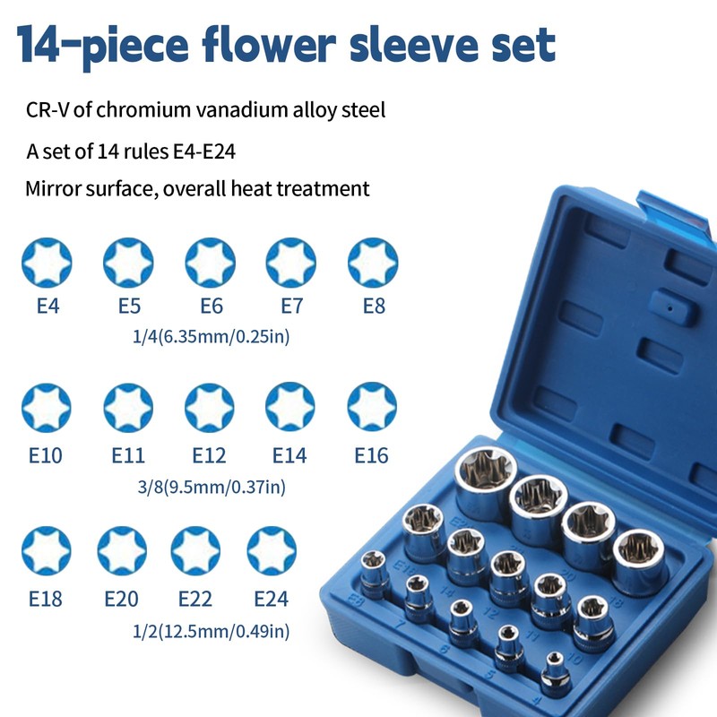 14-Piece Torx Socket Set, CR-V Steel Socket Set for 1/2,