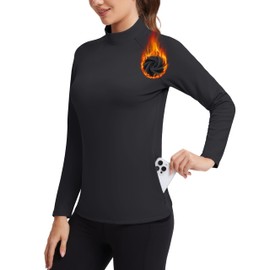 MAGCOMSEN Ladies Fleece Baselayer Thermal Turtleneck Top Skiing Workous Tops with Zipper Pockets Mock Neck Long Sleeve Black
