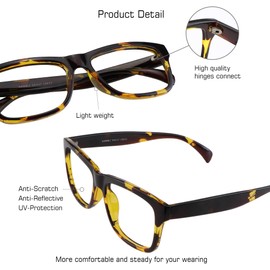 VisionGlobal Blue Light Blocking Glasses for Women/Men, Anti Eyestrain, Computer Reading, TV Glasses, Stylish Square Frame, Anti Glare (Tortoise, 1.00 Magnification)
