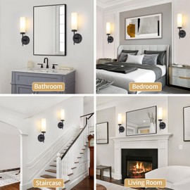 ZSMIHDOH Black Bathroom Wall Sconces Set of 2,Modern Vanity Light Fixtures,Hardwired Wall Sconces with Milk Glass Shade for Mirror Bedroom Hallway Kitchen Stairs