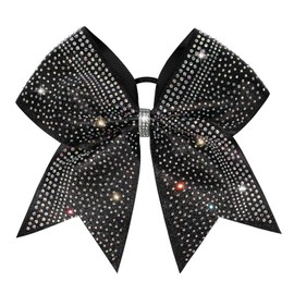 DEEKA 1 PCS 8" Large Glitter Cheer Bows with Iridescent Rhinestones Colorful Stiff Hair Elastic Band Ponytail Holder for Cheerleader Girls Sports (Black)