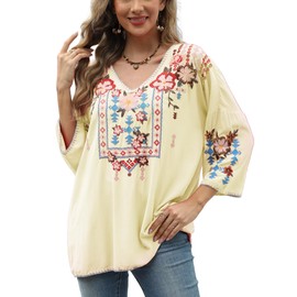 AK Women's Mexican Embroidered Tops 3/4 Sleeve Boho Hippie Plus Size Shirts for Ladies Casual Loose Peasant Blouse（X-Large,826-Apricot