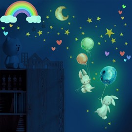 Wall Sticker Luminous Bunny Wall Sticker Children's Room Girls Luminous Stars Rainbow Luminous Stickers Decorative Wall Sticker for Bedroom Gifts Luminous Wall Decoration for Baby Room Playroom Boy