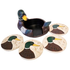 The Bridge Collection 4" Mallard Duck Coasters With Holder - Set of 5 - Hunting Home Decor - Drink Coasters for Cabin or Lodge
