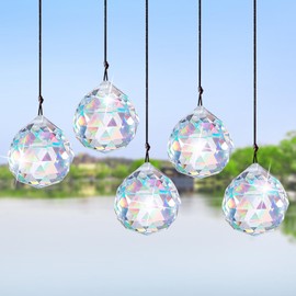Pack of 5 Crystal Suncatchers, Crystal Rainbow, Glass Crystal Ball, Maker Decoration Wind Chime, Multi-Colourful Crystal Prism Hanging Ornaments, Garden Crystals for Hanging Decoration
