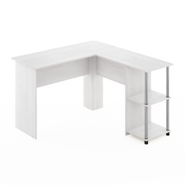 Furinno Abbott L-Shape Computer Desk with Stainless Steel Tubes Bookshelf, White Oak/Chrome