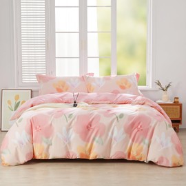 SAPHREAS 100% Natural Cotton Girls Botanical Bedding Sets Pink Floral Duvet Cover Full Size Soft&Breathable Garden Style White Flower 3pcs 1 Pink Duvet Cover 2 Pillowshams