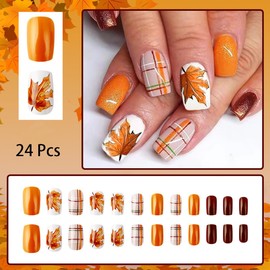 DAJIJIYOU 24 Pcs Thanksgiving Press on Nails Short Square Fall fake nails with Designs Maple Leaf False Nails Line Glue on Nails Glitter Acrylic Nails Autumn Maple Leaves Artificial Nails for Women Girl