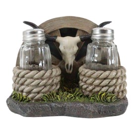 Ebros Gift Rustic Western Wagon Wheel With Coiled Ropes Longhorn Cow Skull Salt and Pepper Glass Shakers Holder Set Decorative Display Kitchen Dining Centerpiece Figurine