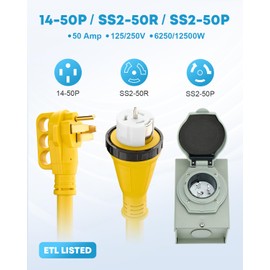 Kohree 50 Amp Generator Cord and Power Inlet Box Kit, 20FT NEMA 14-50P to SS2-50R Generator Extension Cord, 50Amp Pre-drilled Generator Inlet Box with Cable Waterproof Combo Kit, 125/250V, ETL Listed