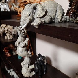 LSHK 3 Set Elephant Shelf Sitter, Mother Elephant Hanging 2 Baby Elephants on the Edge, Mantelpiece Decoration, Hand-Painted Resin Collectable Figurines for Home Decor Gift, Grayish Brown