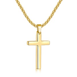 Fiusem Cross Necklace for Men, Gold Plated Mens Cross Necklaces with 2.5mm Cross Chain, 316L Stainless Steel Wheat Chain 20"