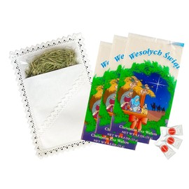 TRADITIONAL POLISH CHRISTMAS WAFERS OPLATKI (6large+9small) Set with Decorative Sleeve and Hay