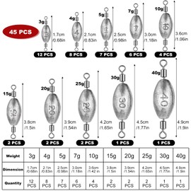 Annyswit 25/45Pcs Olive Fishing Weights with Inner Barrel Fishing Swivels Kit 6/10 Sizes Swivel Weights Fishing 3g 4g 5g 7g 8g 10g 15g 20g 25g 30g 40g Quick Set Up Fishing Sinker with Inner Swivel