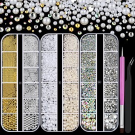 3 Boxes Nail Decoration with Tweezers and Brush Kit, White & Beige Half Round Pearls, Gold Silver Small Caviar Beads Balls, Clear & AB Glass Crystal Rhinestones, for Face Makeup Manicure Crafts(10-K3)