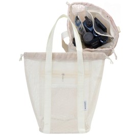 Sanpachi Shoten Spa Bag, Mesh Bag, Waterproof Pocket, Hot Spring Bag, Sauna, Gym, Bath, Swimming, Pool, Gym, Hot Spring, Adult, Bath Tote (Beige/Small)