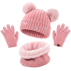 UMIPUBO Kids Warm Beanie Hat Scarf Gloves Set 3 in 1 Winter Thermal Knitted Hat Scarf Gloves Sets For Girls Boys Pom Pom Hats Neck Warmer Touchscreen Gloves For Children, 6-10 years (Pink, One Size)