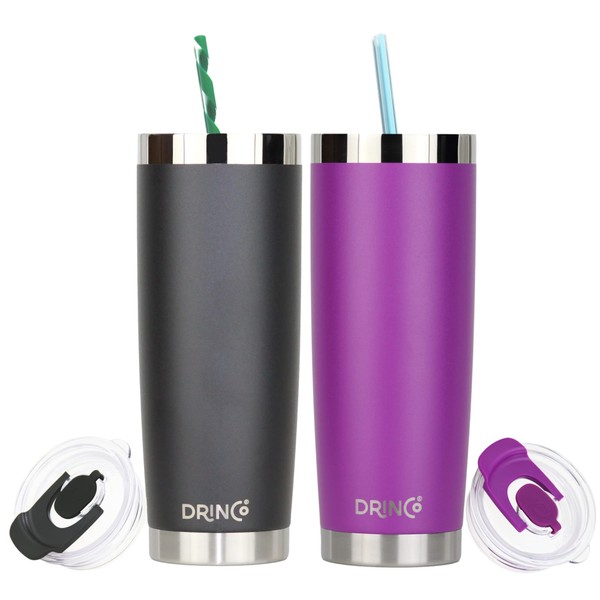 Drinco - 20 oz Stainless Steel Tumbler | Double Walled Vacuum Insulated Mug With Lid, 2 Straws, For Hot & Cold Drinks (2PK, 2pk 20oz Black & Purple)