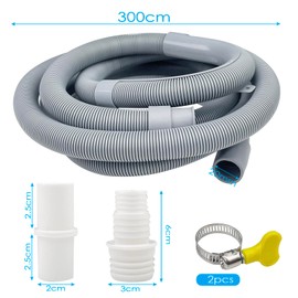 Rseuphiee 3 Metre Washing Machine Hose, Drain Hose Extension, Universal Drain Hose, Set Including Hose Connector and Hose Clamps, for Washing Machine, Dishwasher