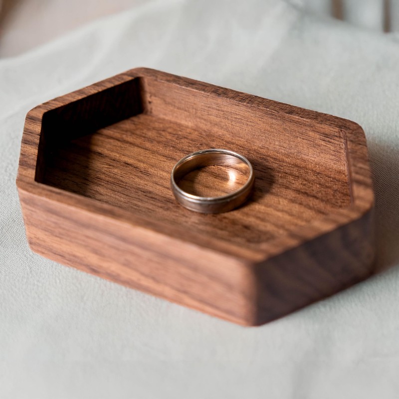 Walnut Wood Ring Tray, Narrow Hexagon Hardwood Holder, Slim Hexagonal