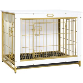 HOOBRO Dog Crate Furniture, 32.5" Medium Dog Kennel Indoor, Wooden Cage with Pull-Out Tray, Double Doors Pet House Side End Table for Medium/Small Dogs, White DW802GW03