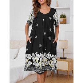 Marvmys Women Mumu Dress with Pockets Floral Print House Dress Moo Moo Nightgowns Loungewears Black XL