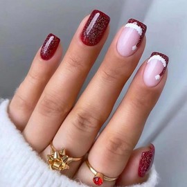 Christmas Santa Hat Press on Nails Wine Red Short Square Fake Nails with Glitter Designs Glue on Nails French tips Christmas Nails Winter Xmas Acrylic False Nails for Women Girls Manicure 24Pcs